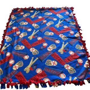 Baseball And Bats Gloves Red Blue Handmade Fleece Tie Soft Kids Blanket 46”X 50”